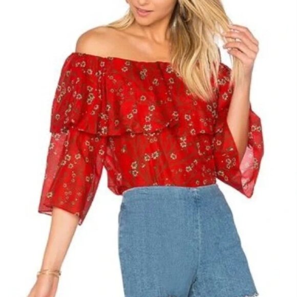 NWOT ALICE + OLIVIA Meagan Off-the-Shoulder Tiered Red Floral Top S $250 - Picture 1 of 11